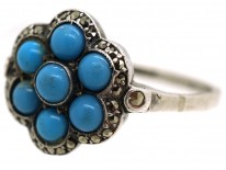 Art Deco Silver, Marcasite & Blue Glass Cluster Ring