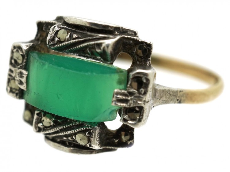 Art Deco Silver, Gold, Marcasite & Chalcedony Ring