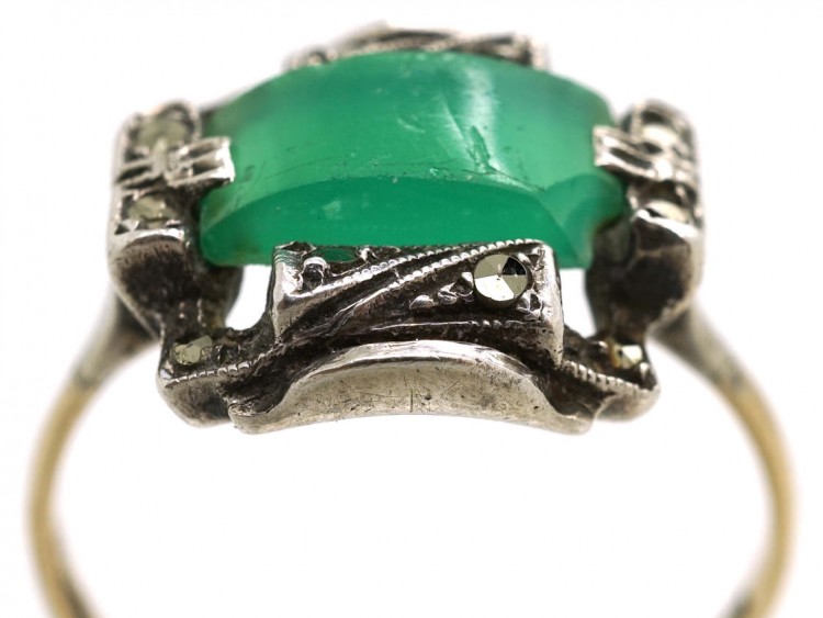 Art Deco Silver, Gold, Marcasite & Chalcedony Ring