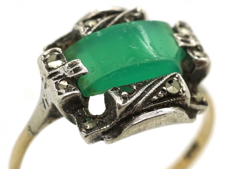 Art Deco Silver, Gold, Marcasite & Chalcedony Ring