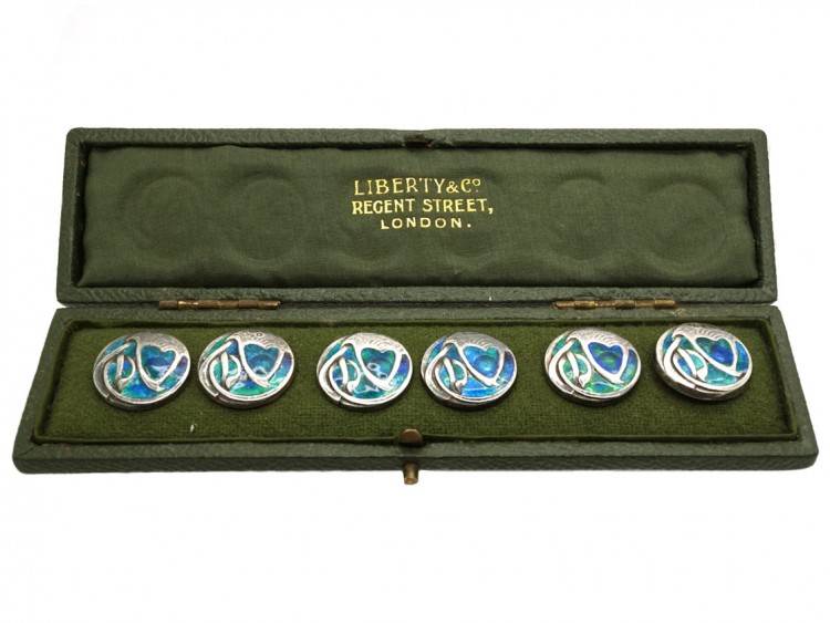 Art Nouveau Silver & Enamel Buttons by Liberty In Original Case