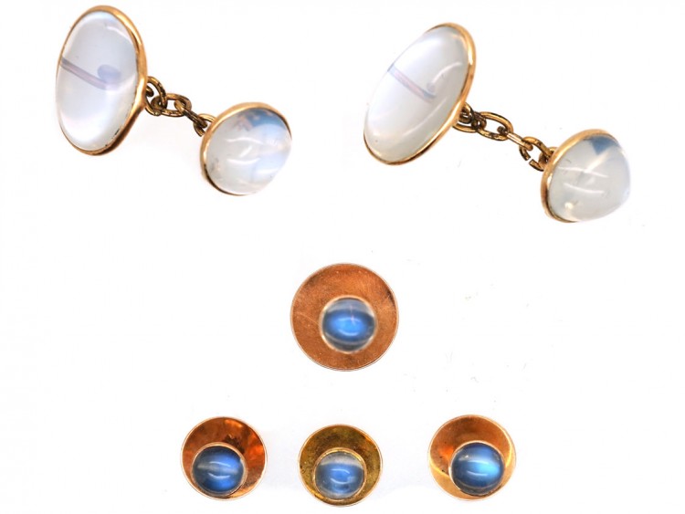 Edwardian 9ct Gold & Moonstone Dress Set In Original Case