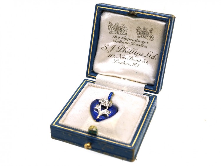 Victorian 15ct Gold, Rose Diamond & Blue Enamel Heart Pendant in Case