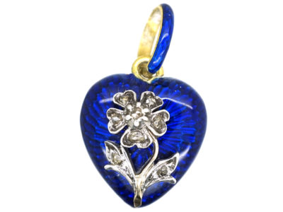 Victorian 15ct Gold, Rose Diamond & Blue Enamel Heart Pendant in Case