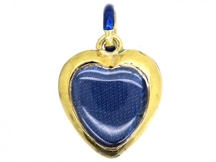 Victorian 15ct Gold, Rose Diamond & Blue Enamel Heart Pendant in Case