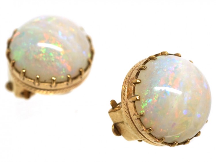 Edwardian 9ct Gold Round Opal Earrings