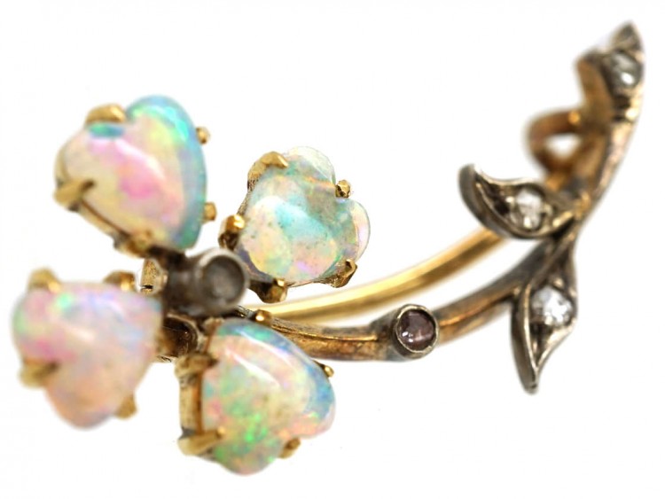 Edwardian 15ct Gold Heart Shaped Opal & Diamond Flower Brooch