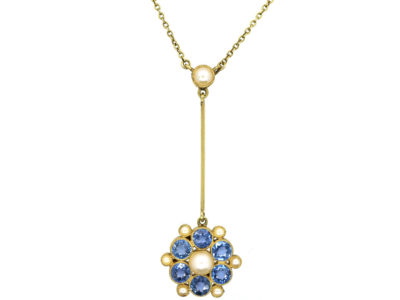 Edwardian 15ct Gold, Sapphire & Natural Split Pearl Pendant on Chain
