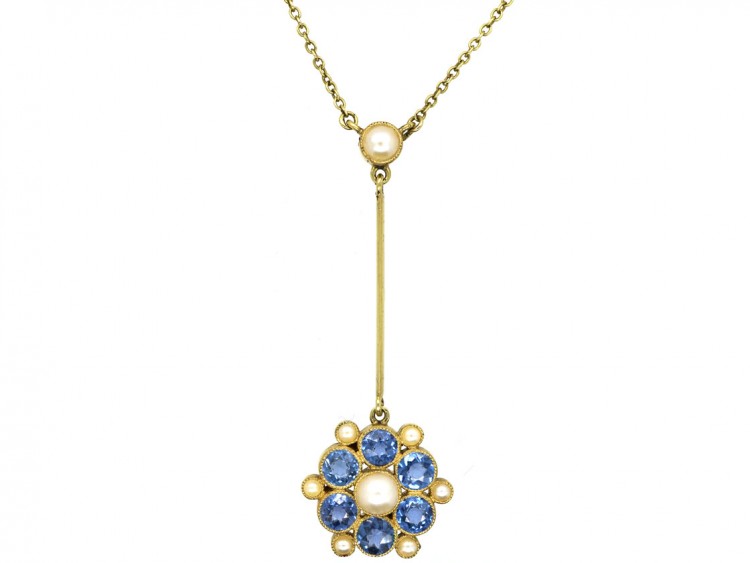 Edwardian 15ct Gold, Sapphire & Natural Split Pearl Pendant on Chain
