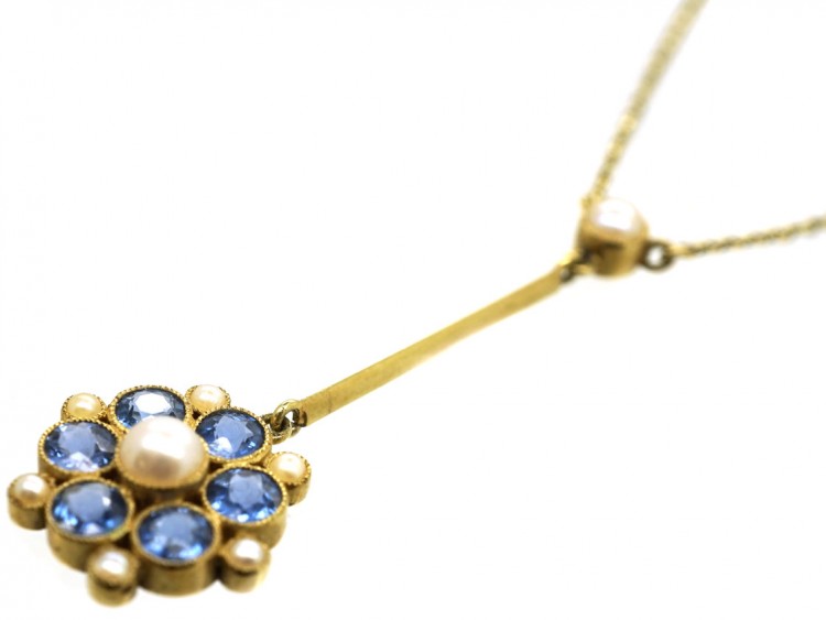 Edwardian 15ct Gold, Sapphire & Natural Split Pearl Pendant on Chain