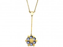 Edwardian 15ct Gold, Sapphire & Natural Split Pearl Pendant on Chain