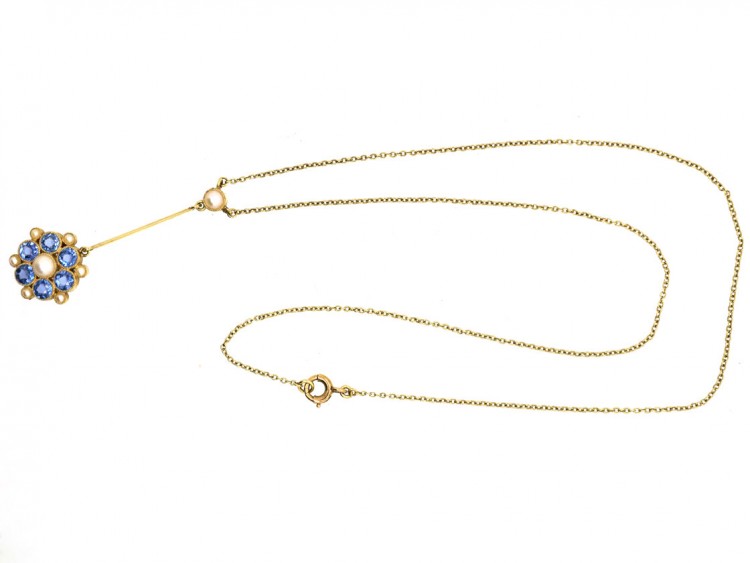 Edwardian 15ct Gold, Sapphire & Natural Split Pearl Pendant on Chain