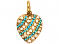 Edwardian 15ct Gold, Turquoise & Natural Split Pearl Heart Pendant