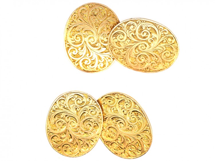 Victorian 9ct Gold Engraved Oval Cufflinks
