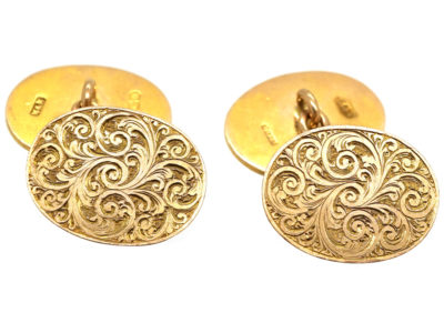 Victorian 9ct Gold Engraved Oval Cufflinks