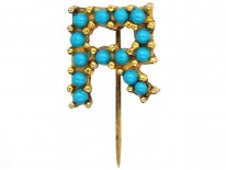R Gold Plated & Turquoise Glass Tie Pin