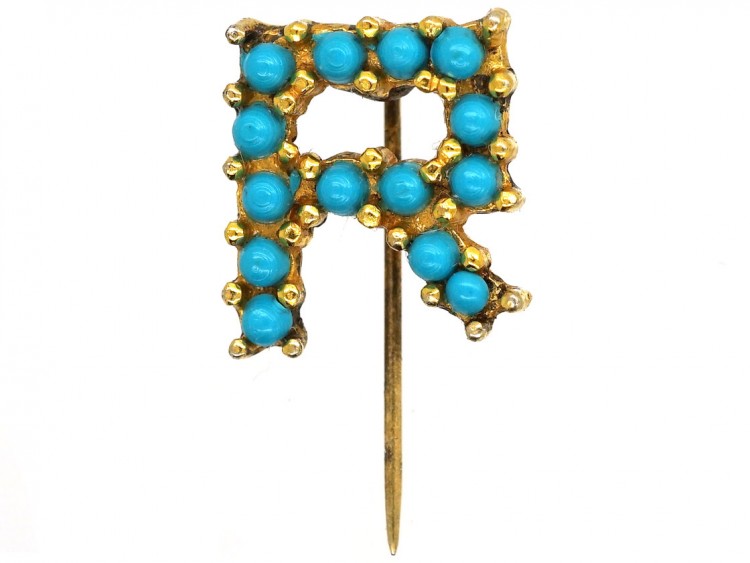 R Gold Plated & Turquoise Glass Tie Pin