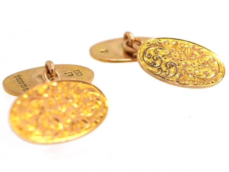 Edwardian 9ct Gold Oval Engraved Cufflinks