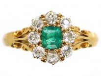 Edwardian 18ct Gold, Emerald & Diamond Cluster Ring