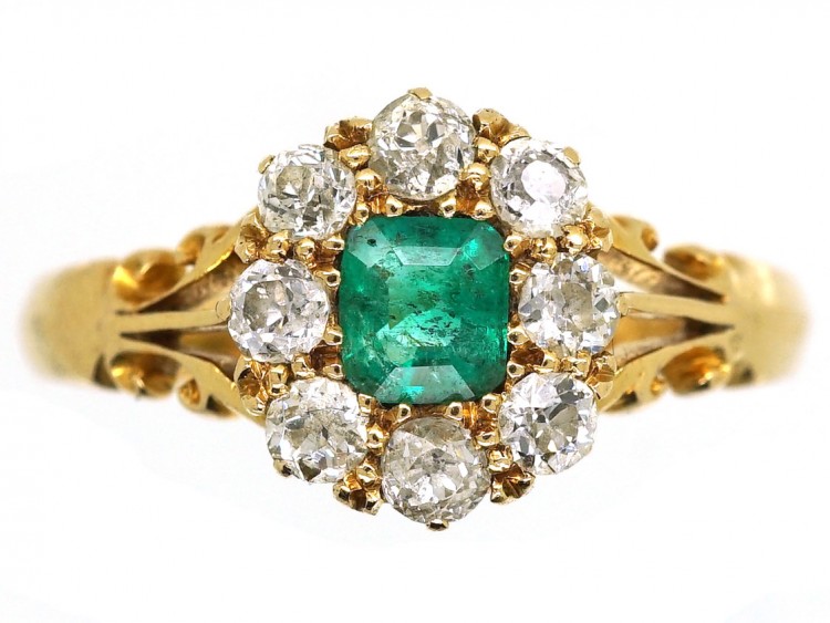 Edwardian 18ct Gold, Emerald & Diamond Cluster Ring