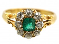 Edwardian 18ct Gold, Emerald & Diamond Cluster Ring