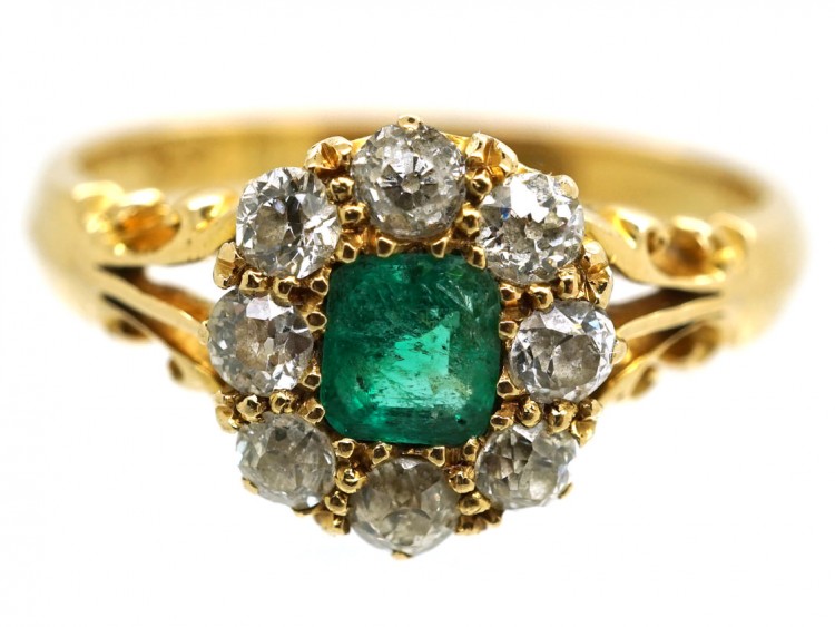 Edwardian 18ct Gold, Emerald & Diamond Cluster Ring