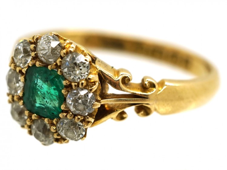 Edwardian 18ct Gold, Emerald & Diamond Cluster Ring