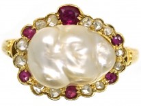Edwardian 18ct Gold, Natural Pearl, Rose Diamond & Ruby Ring