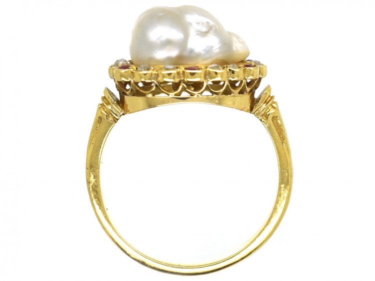 Edwardian 18ct Gold, Natural Pearl, Rose Diamond & Ruby Ring