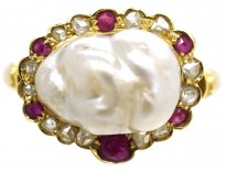 Edwardian 18ct Gold, Natural Pearl, Rose Diamond & Ruby Ring