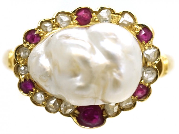 Edwardian 18ct Gold, Natural Pearl, Rose Diamond & Ruby Ring