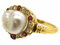 Edwardian 18ct Gold, Natural Pearl, Rose Diamond & Ruby Ring