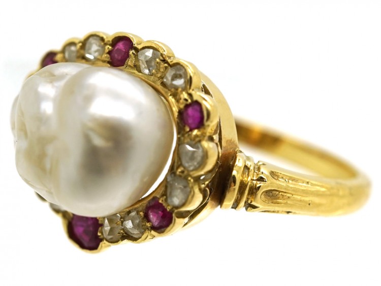 Edwardian 18ct Gold, Natural Pearl, Rose Diamond & Ruby Ring