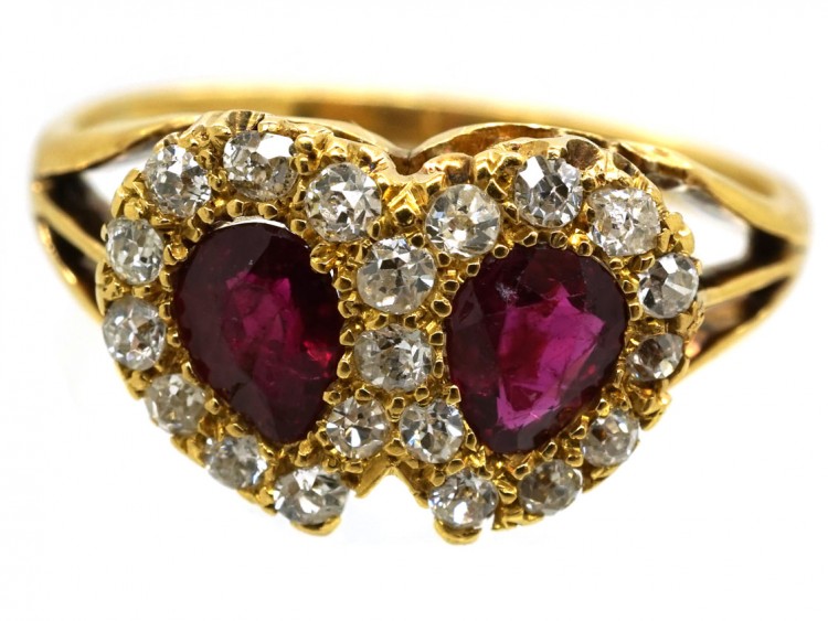 Edwardian 18ct Gold, Ruby & Diamond Double Heart Ring