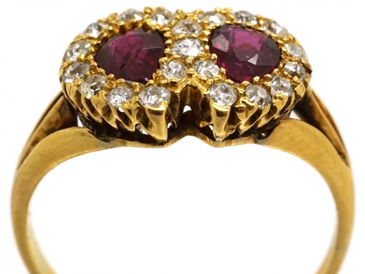Edwardian 18ct Gold, Ruby & Diamond Double Heart Ring