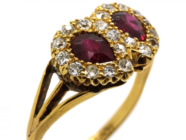 Edwardian 18ct Gold, Ruby & Diamond Double Heart Ring