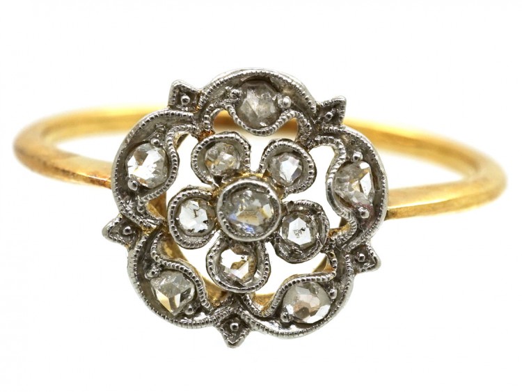 Edwardian 18ct Gold, Platinum & Rose Diamond Flower Ring