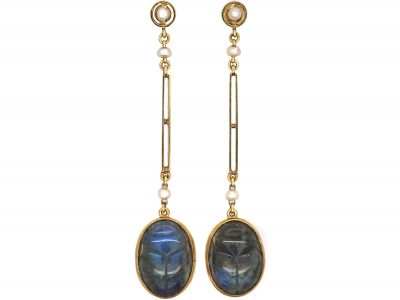 Art Deco 15ct Gold Egyptian Revival Labradorite Scarab Earrings Art Deco 15ct Gold Egyptian Revival Labradorite Scarab Earrings