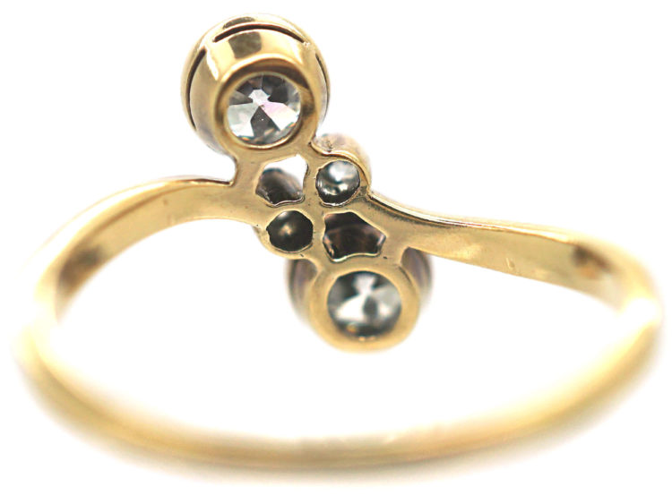 Art Nouveau 18ct Gold, Platinum & Two Stone Diamond Crossover Ring
