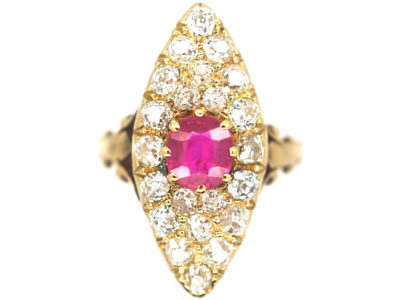 Edwardian 18ct Gold, Ruby & Diamond Marquise Ring
