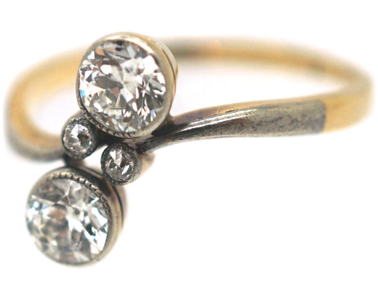 Art Nouveau 18ct Gold, Platinum & Two Stone Diamond Crossover Ring