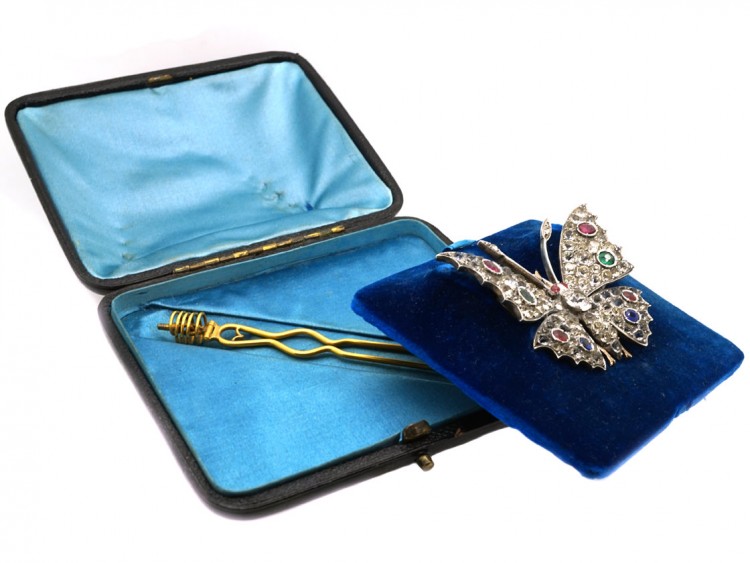 Victorian Silver & Paste Butterfly Tremblant Brooch and Hair Ornament in Original Case