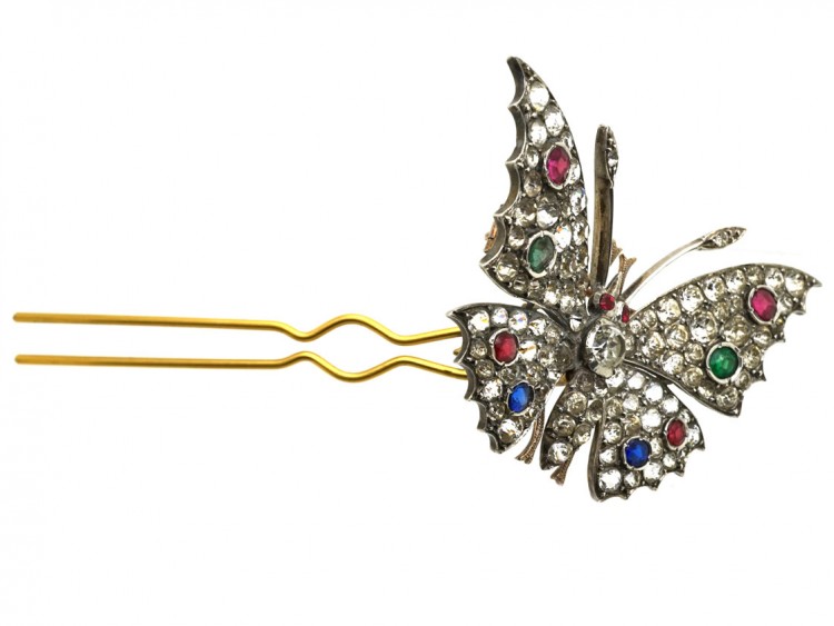 Victorian Silver & Paste Butterfly Tremblant Brooch and Hair Ornament in Original Case