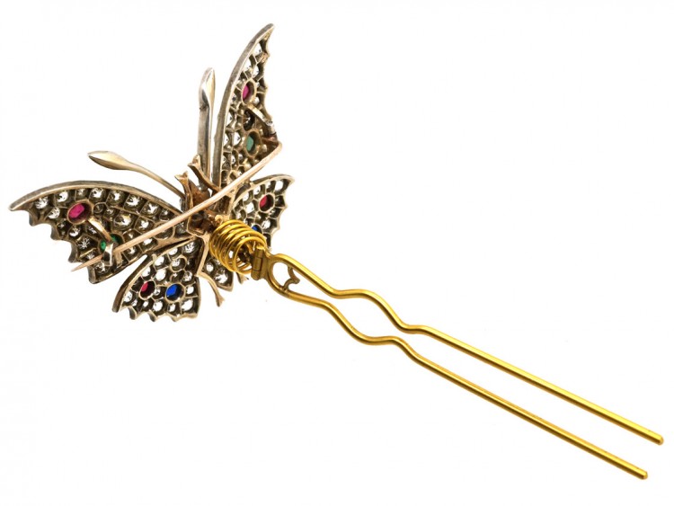 Victorian Silver & Paste Butterfly Tremblant Brooch and Hair Ornament in Original Case