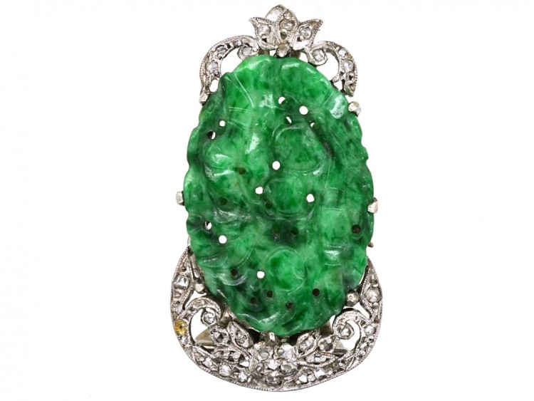 Art Deco 18ct White Gold, Jade & Rose Diamond Clip