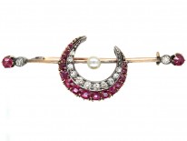 Victorian Ruby, Diamond & Natural Pearl Crescent Brooch