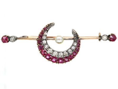 Victorian Ruby, Diamond & Natural Pearl Crescent Brooch