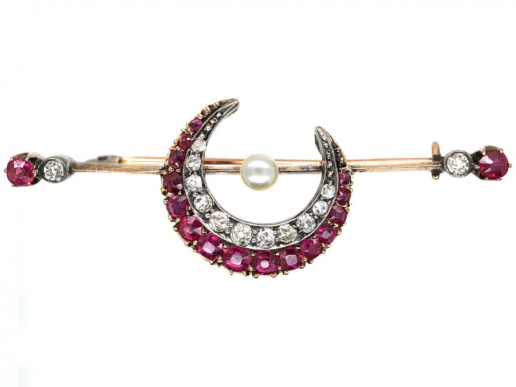 Victorian Ruby, Diamond & Natural Pearl Crescent Brooch