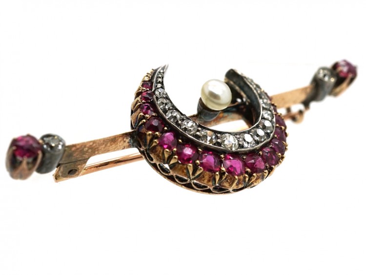 Victorian Ruby, Diamond & Natural Pearl Crescent Brooch