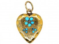 Late Georgian 15ct Gold & Turquoise Heart Shaped Forget Me Not Pendant